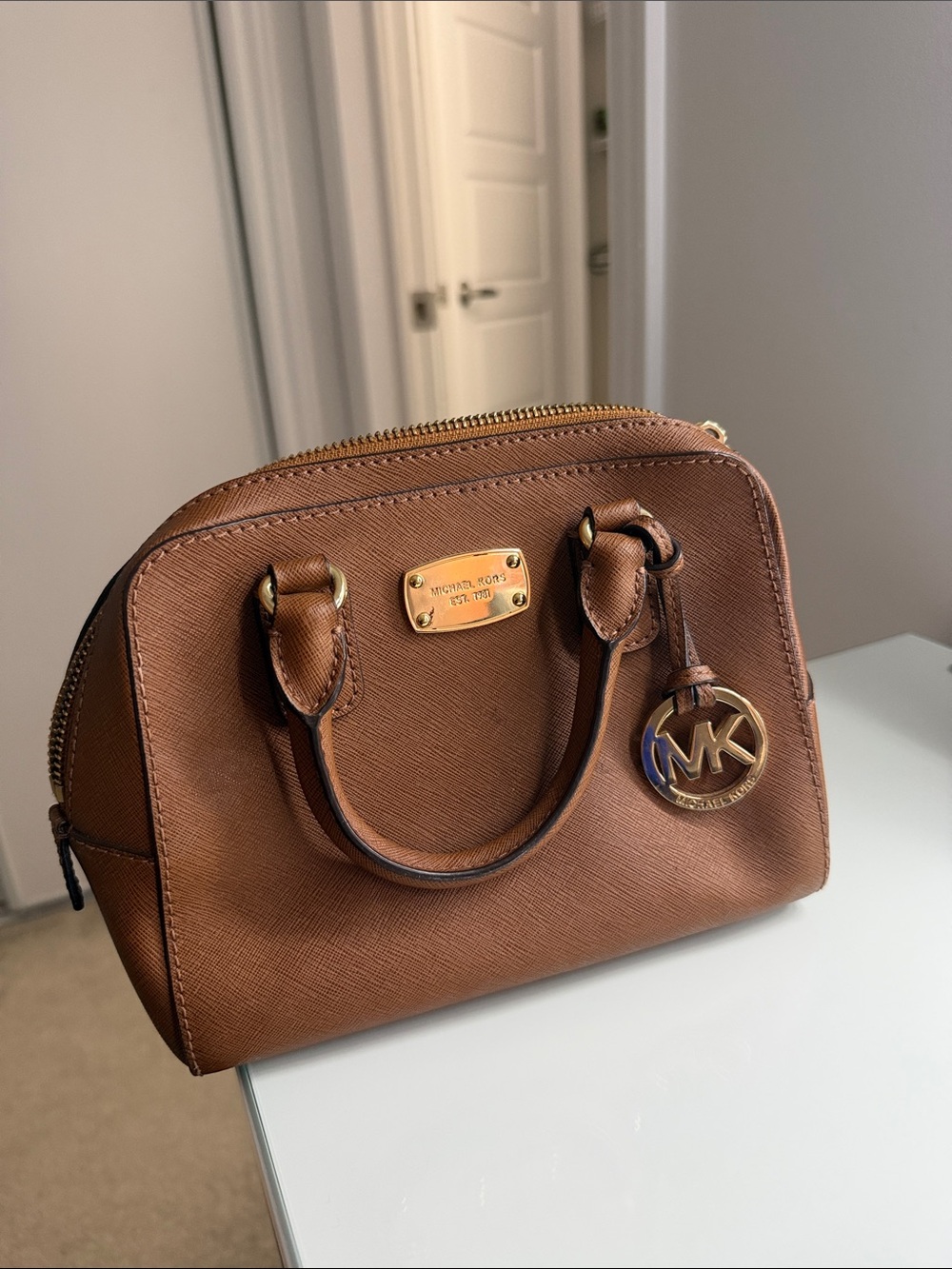 Michael Kors Tan Saffiano Mini Dome Satchel with Gold Hardware